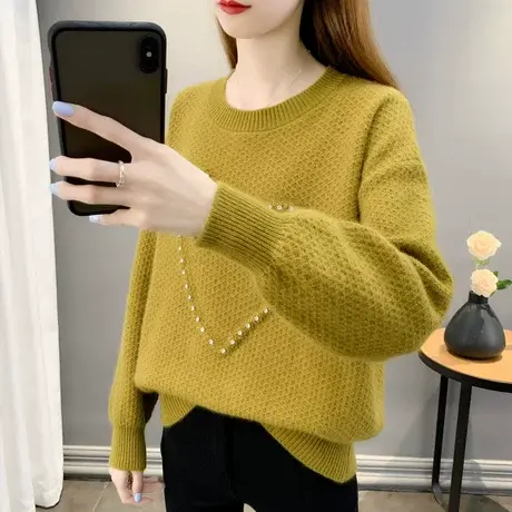 2024秋冬新款圆领毛衣女套头宽松外穿加厚长袖针织衫水钻爱心毛衣商品大图