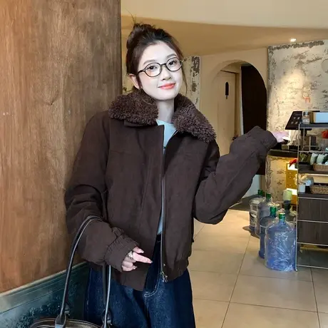 尔给秋冬毛毛里加绒加厚外套女短款时尚休闲百搭皮毛一体上衣图片