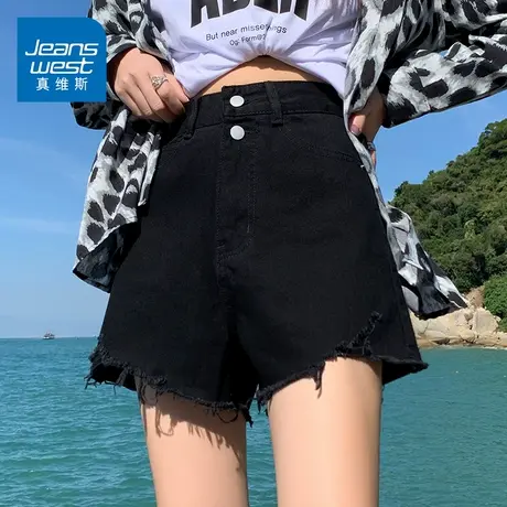 KZH真维斯黑色牛仔短裤女新款韩版宽松百搭双扣高腰a字破洞热裤潮商品大图