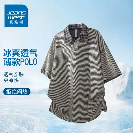 GQ真维斯美式短袖polo衫男款夏季重磅衬衫透气宽松复古翻领上衣商品大图