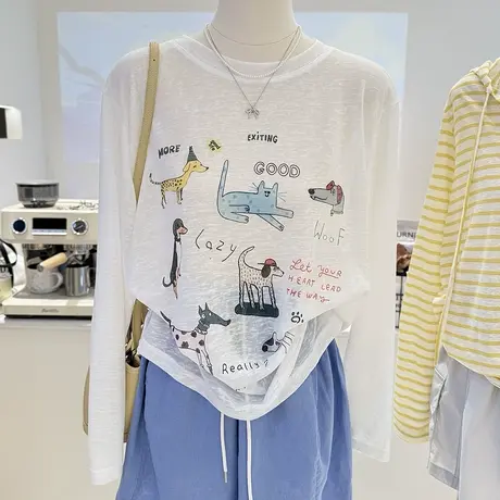 夏季新款韩系百搭卡通趣味印花薄款透视宽松凉爽长袖T恤女防晒衫商品大图