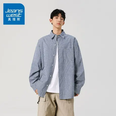 N5真维斯男士长袖衬衫2025秋季新款美式潮流格子男生休闲宽松衬衣商品大图