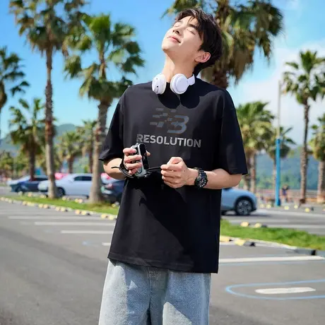 唐狮夏季新款男短袖T恤潮流字母印花短t宽松圆领上衣内搭打底官方商品大图