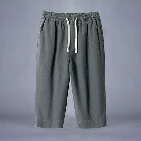 高端品质纯色亚麻过膝七分裤男夏天透气棉麻布料中裤马裤短休闲裤图片