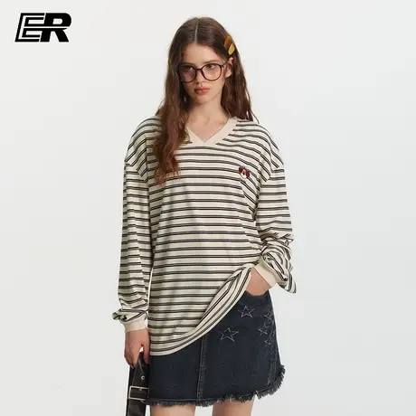 ER花痴小鸟复古条纹长袖t恤情侣秋季新款日系街头潮牌休闲打底衫图片