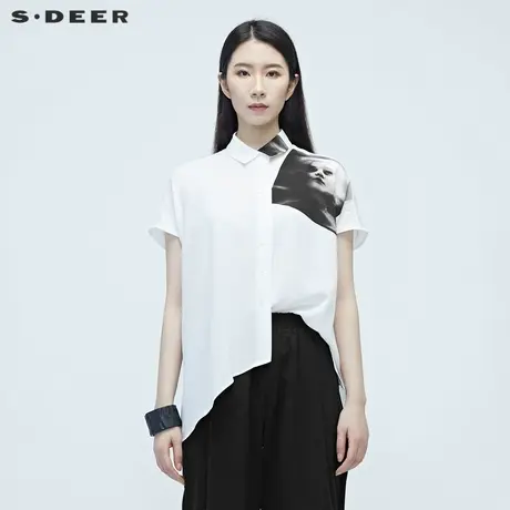 sdeer圣迪奥夏人像印花蝙蝠袖前短后长雪纺衬衫S20280444🎽商品大图