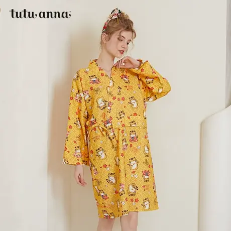 tutuanna 春秋家居服睡衣 女 起毛布老虎满印和服长款全棉睡裙女商品大图