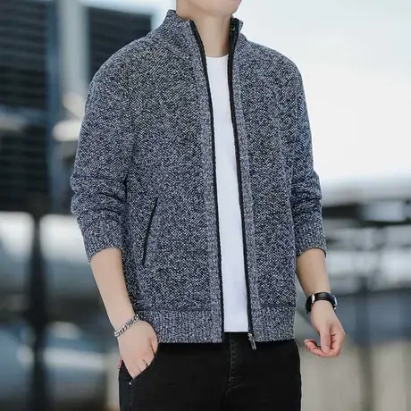 针织夹克外套男士2025秋冬季新款加绒加厚休闲百搭立领开衫上衣服商品大图
