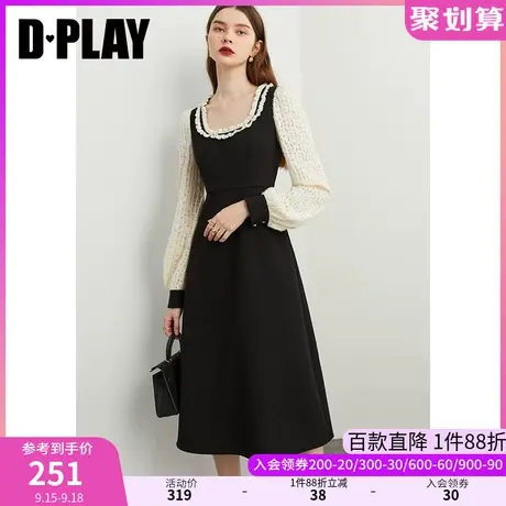 DPLAY优雅温柔木耳边黑拼杏U领拼接绒感蕾丝连衣裙冬女商品大图