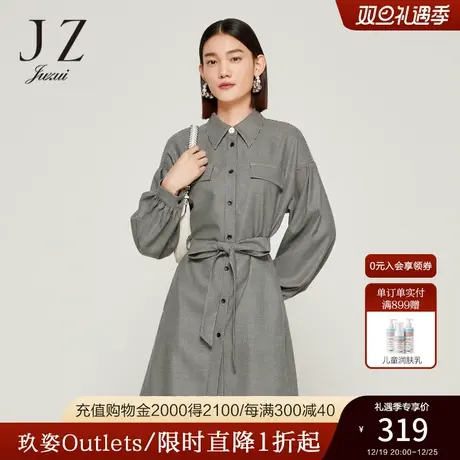 JZ玖姿千鸟格衬衫连衣裙女装2022秋季新款时尚落肩袖气质收腰裙子商品大图