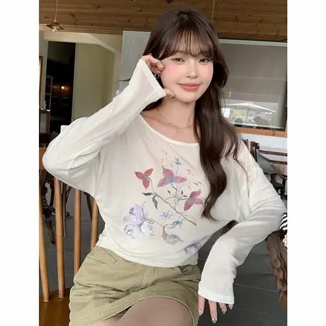 尔给夏季镂空薄款三穿T恤女长袖复古小众收腰显瘦设计感印花上衣图片