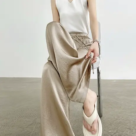 香槟色缎面醋酸休闲阔腿裤女夏季薄款宽松高腰垂感拖地冰丝直筒裤商品大图