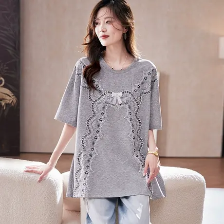 宝诗黎中长款蕾丝拼接短袖T恤2025夏季韩版休闲慵懒百搭大码女装商品大图