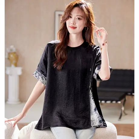 宝诗黎圆领印花拼接短袖T恤女2025夏季气质百搭简约宽松醋酸上衣图片