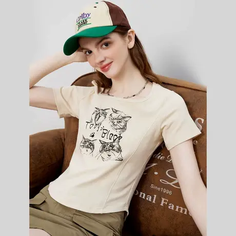 a02甜辣风猫咪印花方领设计感小众百搭上衣夏季休闲女式T恤图片