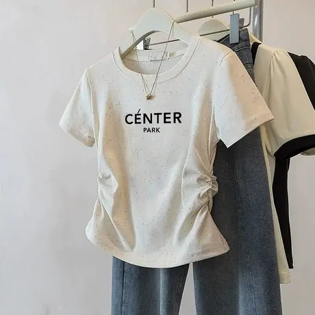 圆领洋气正肩褶皱收腰短袖t恤女2025夏季新款甜妹风彩虹波点上衣图片