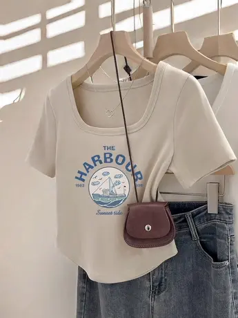 大领口设计感大码短袖T恤女日系chic甜辣风短款ins潮夏季印花上衣商品大图