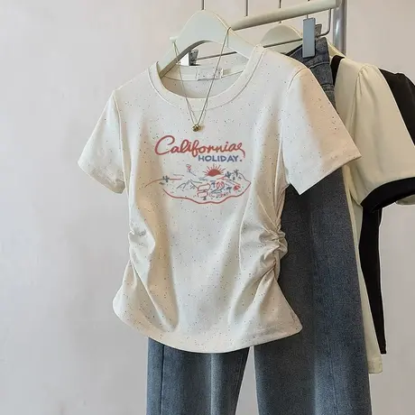 潮流小个子彩虹波点短款收腰t恤女2025新款褶皱修身短袖减龄上衣商品大图