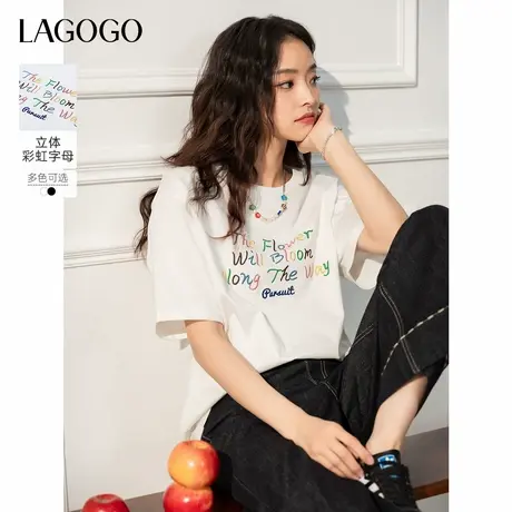 LAGOGO彩虹宽松白T恤女拉谷谷2025春夏季新款清爽纯棉落肩袖上衣商品大图