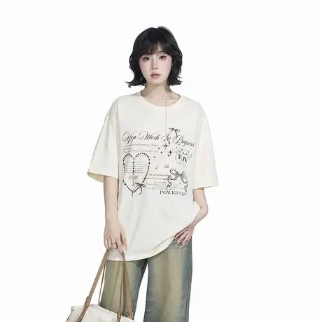 YEP潮牌字母印花短袖t恤女春夏2025年新款宽松圆领奶黄色半袖上衣图片