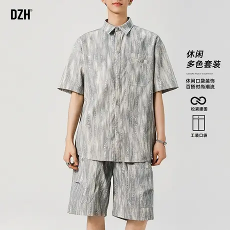 青少年工装短袖短裤套装男夏薄款2025新款设计感宽松灰色衬衫潮牌图片