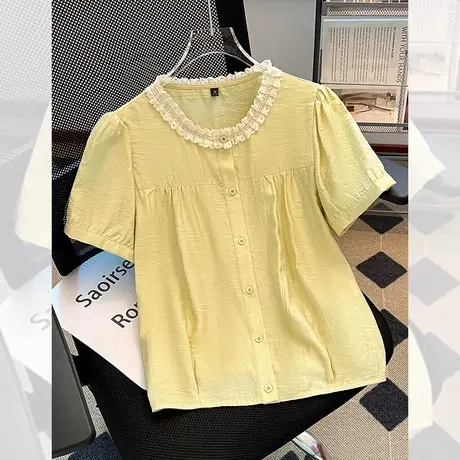 拉夏贝尔爆款娃娃衬衣女遮肚子短上衣2025夏装衬衫轻奢洋气质小衫图片