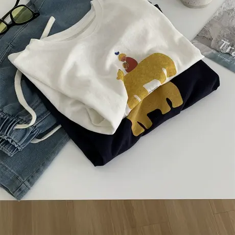 仿麻手感北极熊印花T恤女垂感轻薄韩版卡通短袖上衣夏季雪花棉tee图片