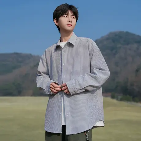 回力日系复古蓝色条纹长袖衬衫男生春秋2025新款宽松休闲衬衣外套商品大图