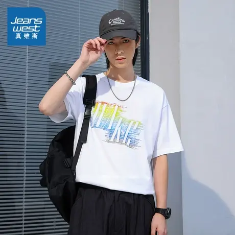 E8真维斯男装2024夏季新款 时尚印花合身圆领纯棉舒适短袖T恤商品大图