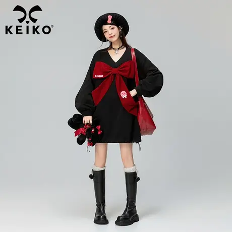 KEIKO 丝绒大蝴蝶结饰连衣裙2023秋冬新款甜酷风黑色显瘦卫衣裙子图片