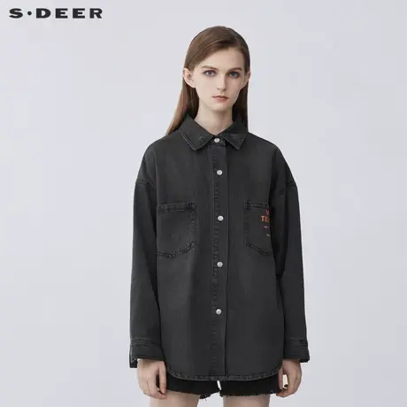 sdeer圣迪奥简约翻领撞色字母印花牛仔衬衫外套S21362218图片
