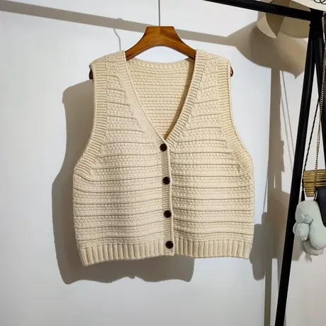 学院风针织开衫马甲女春秋新款宽松v领复古无袖毛衣背心坎肩外穿商品大图
