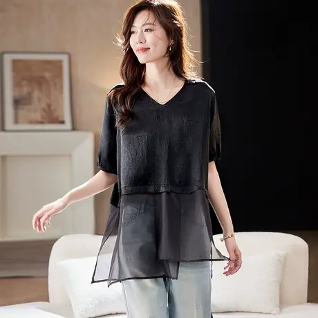 宝诗黎中长款醋酸拼接短袖上衣2025夏季简约宽松气质百搭休闲女装图片