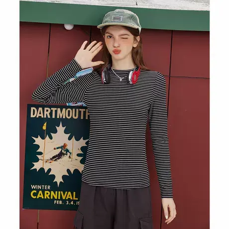 a02半高领德绒打底T恤2025春季百搭显瘦条纹女式打底衫图片