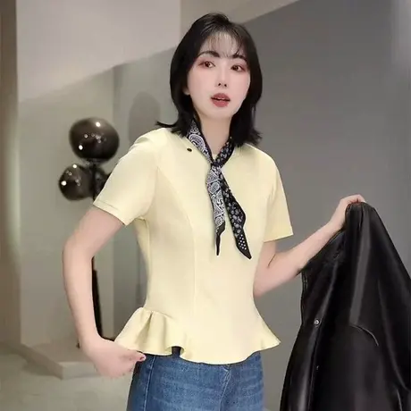 韩系简约荷叶边短袖T恤女2025春夏新款气质修身显瘦百搭短款上衣图片