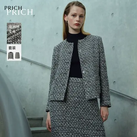 【澳洲绵羊毛】PRICH法式小香风西装套装2024冬季新款圆领外套女商品大图