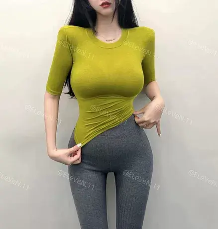 胸大腰细~韩版紧身性感圆领五分袖t恤女薄款透视天丝棉中袖打底衫商品大图