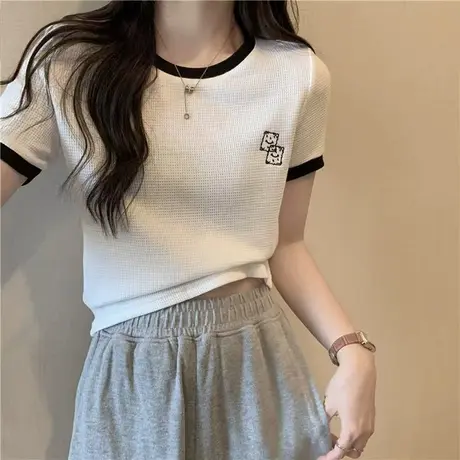 复古chic港味华夫格短袖T恤女夏季韩版修身短款正肩半袖上衣ins潮商品大图