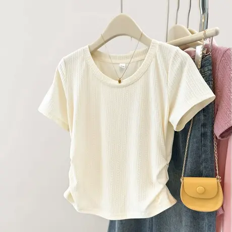 夏季2025新款褶皱收腰短袖T恤女修身韩版设计感短款正肩半袖上衣图片