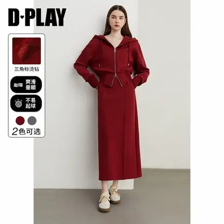 DPLAY冬季运动风红色连帽拉链卫衣宽松休闲开衫短款外套女商品大图