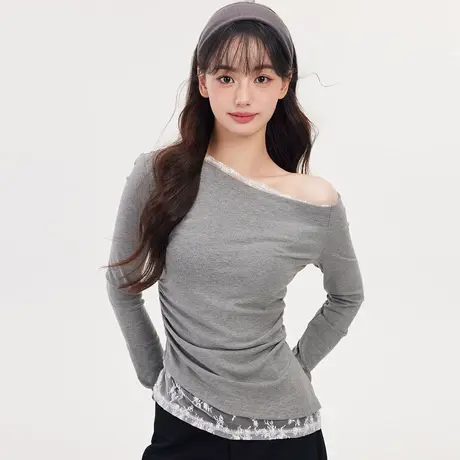 尔给秋季设计感蕾丝拼接露肩T恤女长袖修身显瘦性感气质打底衫图片