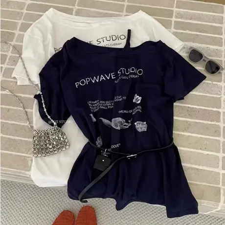 韩国东大门25夏季新款宽松斜肩卡通字母图案简百搭短袖T恤上衣女商品大图