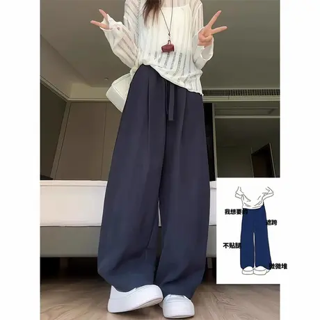 藏青色天丝亚麻阔腿裤女夏季2025新款高腰直筒垂感弯刀棉麻山本裤图片