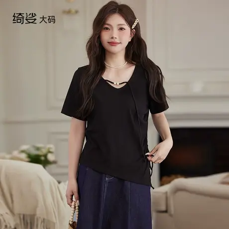 绮娑2025夏装新款大码女装圆领上衣显瘦胖MM收腰不规则摆正肩T恤商品大图