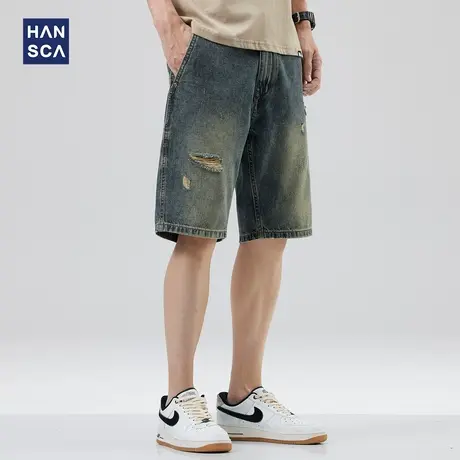 hansca美式复古牛仔短裤男夏季新款潮牌痞帅休闲破洞直筒五分裤子商品大图