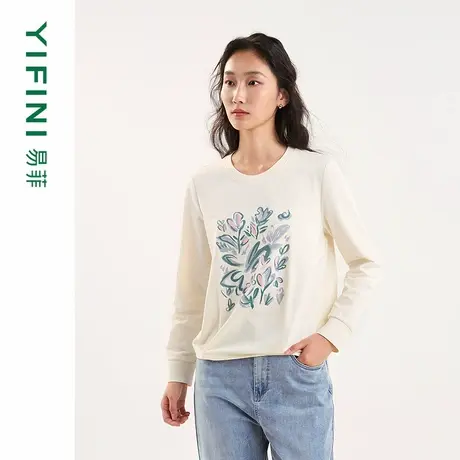 [专柜同款]Yifini/易菲全棉圆领长袖短款T恤女宽松印花上衣25春新图片