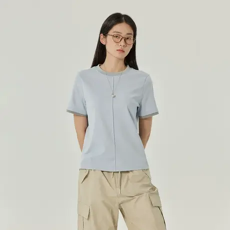 omont蛋挞家 假两件拼接短袖T恤女春季新款圆领宽松休闲上衣商品大图