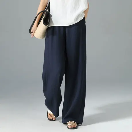 藏青色天丝亚麻阔腿裤女夏季薄款2025新款高腰垂感休闲直筒拖地裤商品大图