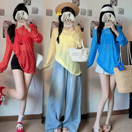 韩系2025夏季新款点点印花圆领网衫宽松大版防晒T恤罩衫上衣图片