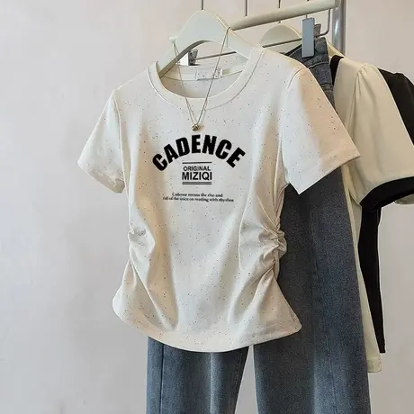 潮流减龄小个子彩虹波点短款收腰t恤女2025新款褶皱修身短袖上衣商品大图